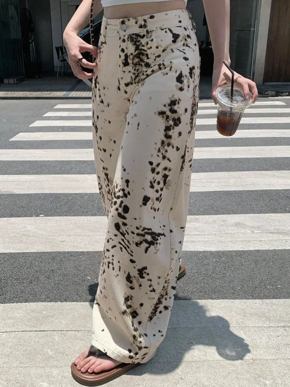 White Casual Women's Textured Random Print Zipper Fly Harem Pants
